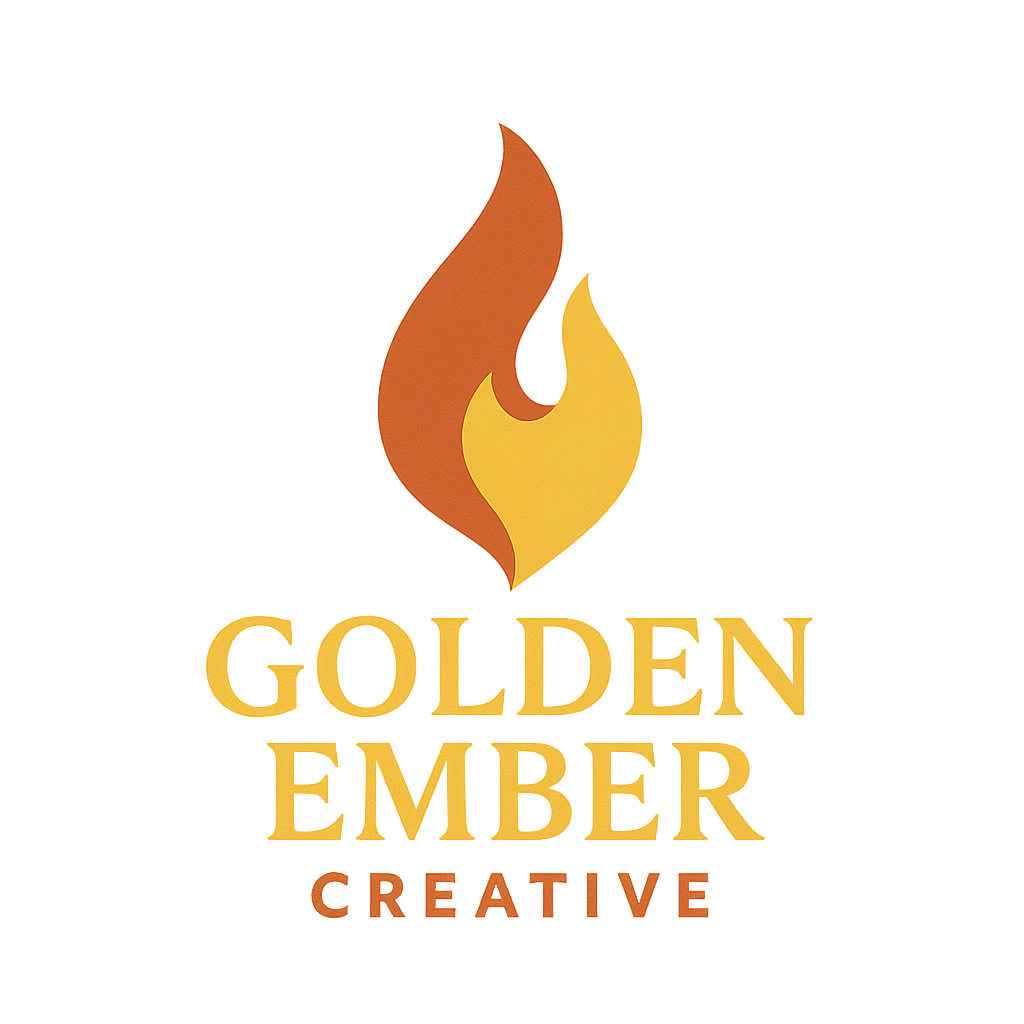 Orange and yellow flame ember with the word "Golden Ember Creative"